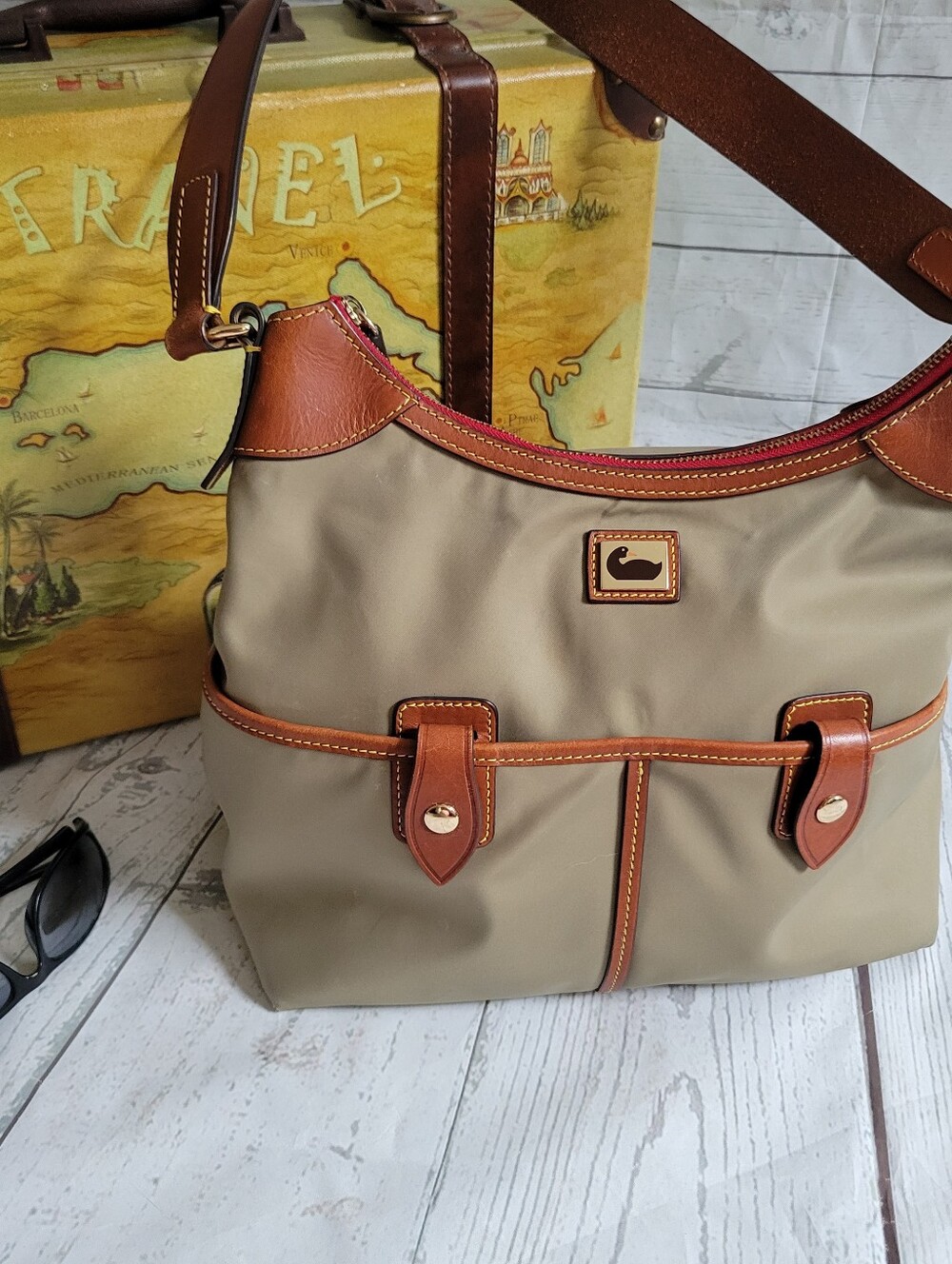 Dooney & Bourke Nylon Khaki Olive Green W/Carmel Leather Trim Hobo Shoulder Bag
